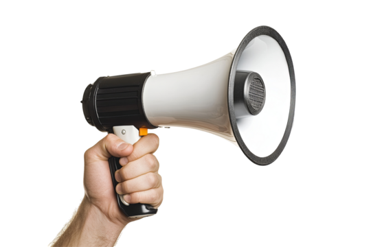A hand firmly grips a black and white megaphone, ready to amplify a message against the stark, transparent background
