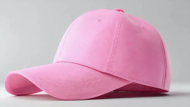 A soft pink baseball cap sits elegantly on a white surface under bright lighting, casting subtle shadows