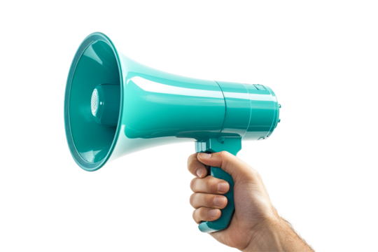 A hand holds a teal megaphone transparent background, casting no shadow. The megaphone has ribbed detail near the horn