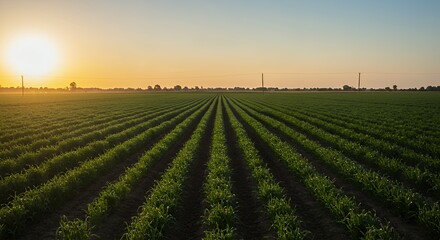 Cultivated Field Rows at Sunrise with a Golden Sky Above