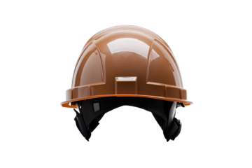 Brown safety helmet. Interior supports are black. Protective gear for workplace safety and accident prevention. Isolated transparent background backdrop