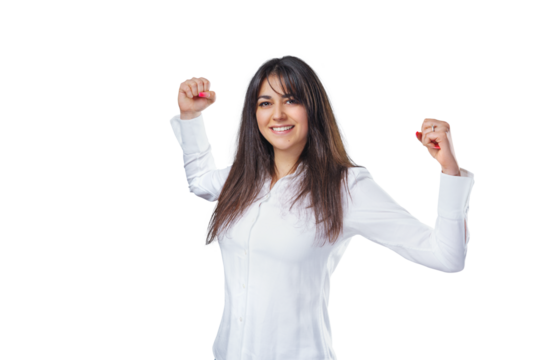  Flat design art collage. A beautiful, young woman showing off her strong muscles, isolated on free png background. Authentic girl showing strength.