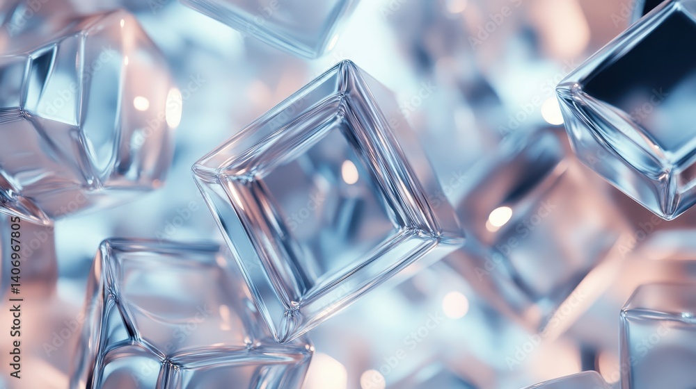 Poster transparent glass cubes floating in abstract soft background light