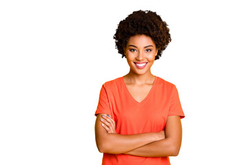 Photo of cheerful trendy cute nice charming gorgeous girlfriend wearing t-shirt standing...