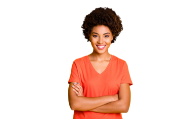 Photo of cheerful trendy cute nice charming gorgeous girlfriend wearing t-shirt standing confidently with her hands crossed smiling toothily isolated over yellow vivid color background