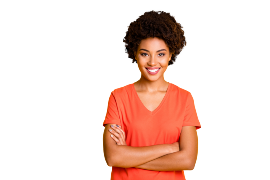 Photo of cheerful trendy cute nice charming gorgeous girlfriend wearing t-shirt standing confidently with her hands crossed smiling toothily isolated over yellow vivid color background