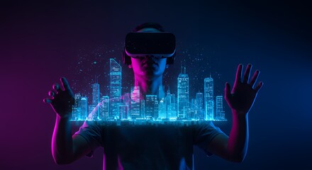 Person Using Vr Headset Visualizing a Digital Cityscape Technology