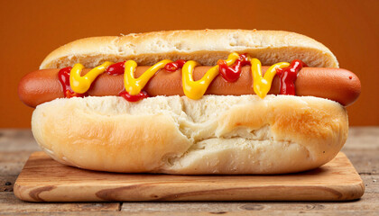 Grilled hot dog with mustard and ketchup in soft bun on wooden board for food blogs, cooking websites, BBQ menus, summer gatherings, and social media food content