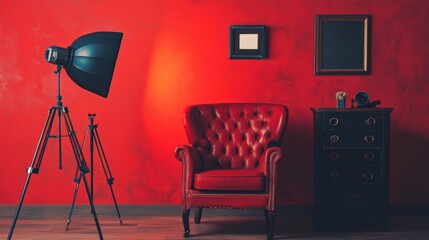 Professional photo studio setup with red wall and soft lighting