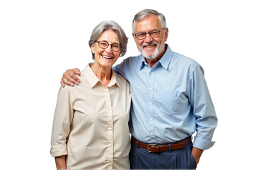 Happy senior couple portrait, embracing, smiling warmly, isolated on transparent background. Use for retirement, anniversary, healthcare, insurance, family, or lifestyle concepts.