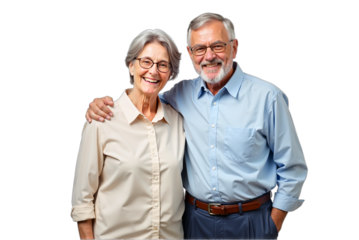 Happy senior couple portrait, embracing, smiling warmly, isolated on transparent background. Use for retirement, anniversary, healthcare, insurance, family, or lifestyle concepts.