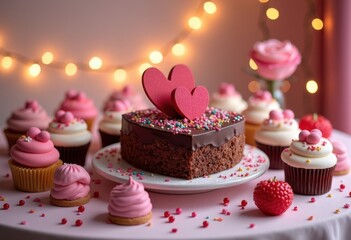festive heart shaped desserts colorful treats sweet table decor celebration chocolate cake cupcakes pastry confections baking, design, decoration, sugar, icing