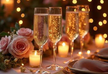 glittering champagne flutes festive decorations celebration sparkling drink party glamour, glass, sparkle, toast, bubbles, gold, silver, shine, beverage