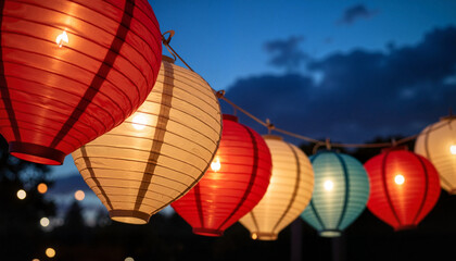 Obraz premium Colorful paper lanterns glowing against a twilight sky for outdoor parties, festive celebrations, event decorations, and social media use