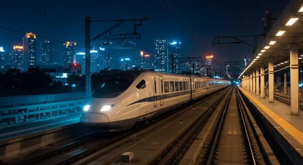 Obraz premium Modern Train Arriving at Station Platform at Night in Cityscape
