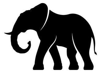 Black silhouette of an elephant in minimalist style, isolated wild animal illustration on transparent background