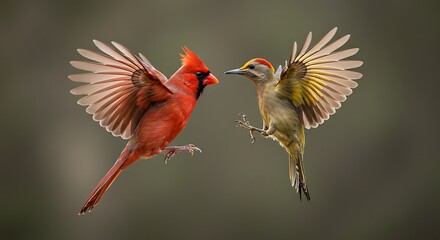 Fototapeta premium Male Northern Cardinal & Golden-fronted Woodpecker Interaction, Rio Grande Valley, Texas 