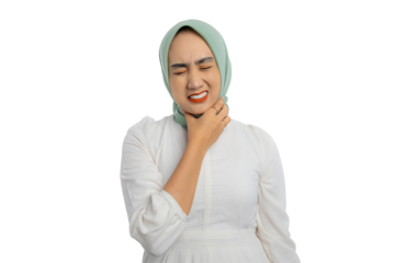 Beautiful young Asian woman in green hijab and white blouse suffering from severe sore throat and feeling uncomfortable isolated on transparent background