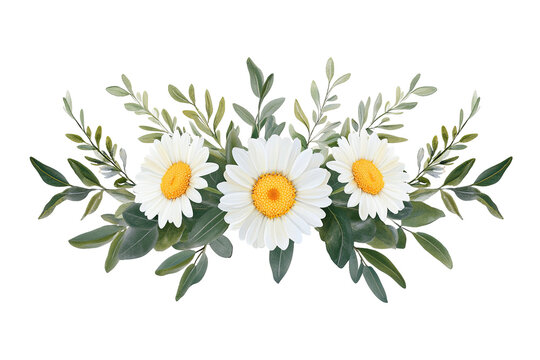 Three charming daisies arranged with green foliage creating a beautiful floral composition against a transparent background - Powered by Adobe