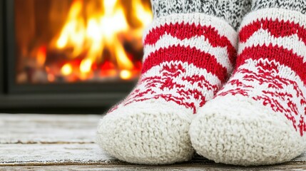 Cozy Winter Scene with Festive Socks by a Warm Fireplace