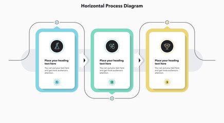 Simple horizontal process infographic template with three options. Flat presentation diagram with minimalistic icons for data visualization.