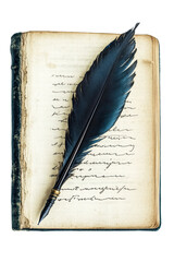 Isolated Open Book with Black Feather Pen