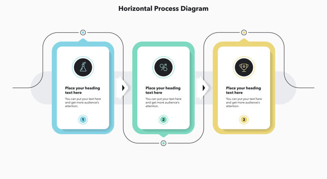 Simple horizontal process infographic template with three options. Flat presentation diagram with minimalistic icons for data visualization.