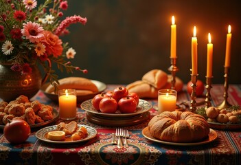 traditional yom kippur table displaying symbolic foods beautiful arrangements cultural significance, setting, ritual, dish, grapes, honey, apple, chalice