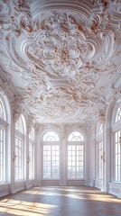 Fototapeta premium Opulent Room Phone Wallpaper White & Gold Ceiling, Sunlit Arched Windows & Wooden Flooring | Vertical HD Luxury Interior Design