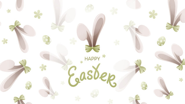 Happy Easter greeting banner with bunny ears with bows, flowers and eggs in pastel colors. Horizontal vector background for holiday posters and advertising.