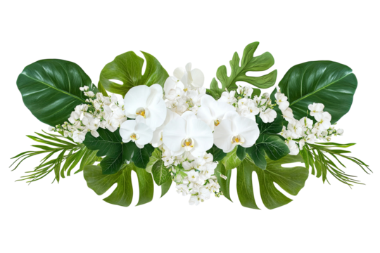Elegant floral arrangement. Lush green leaves paired with clusters of delicate white orchids and smaller blossoms. Tropical vibes