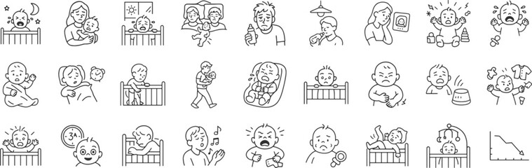 Baby sleep problems line icon set. Vector pictograms of infant awake, exhausted toddler, yawning, sleepless, tantrum, soothing, meltdown thin linear illustration.