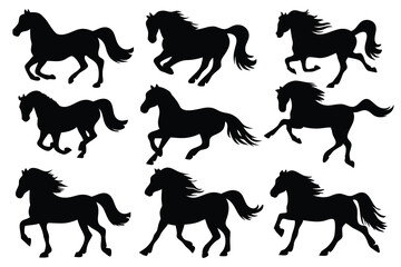 Horse running black silhouettes set isolated flat vector illustration on white background.