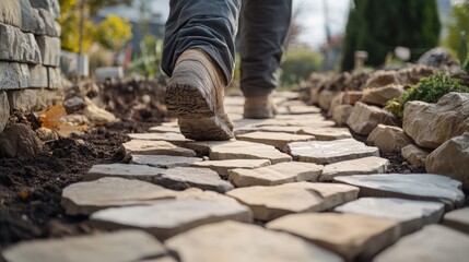 Fototapeta premium Mason installing a stone garden pathway. Featuring landscaping masonry