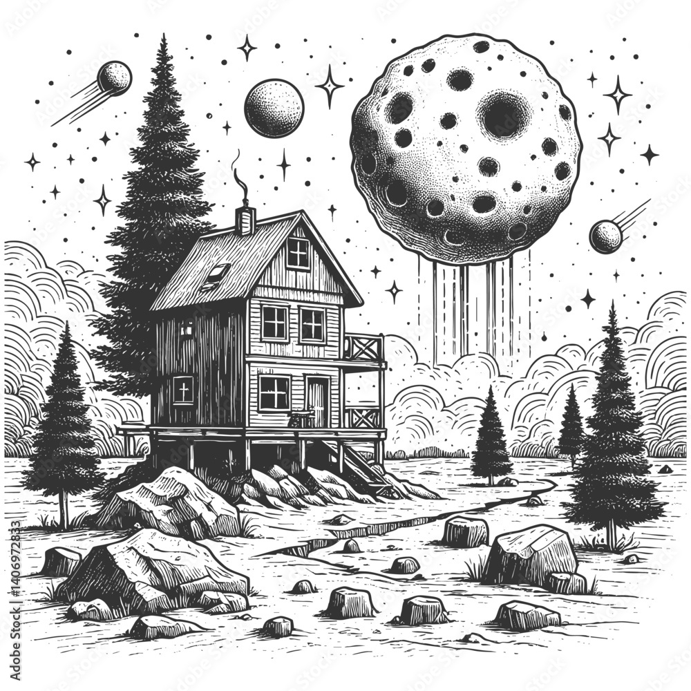 Poster wooden cabin in a forest clearing under a hovering moon-like object with cosmic surroundings sketch 