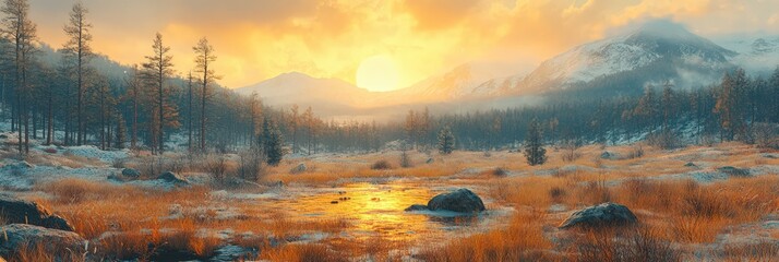 Fototapeta premium Landscape with water trees and mountains at sunset or sunrise.