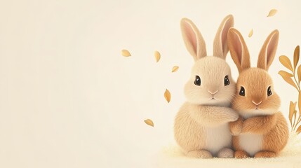 Obraz premium Two fluffy rabbits sitting together in a peaceful setting showing affection and companionship in a natural environment