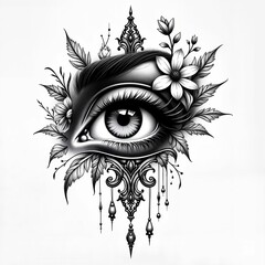 Intricate eye tattoo design with floral elements and ornate patterns in black and white