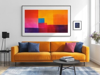 Living room interior with orange sofa colorful artwork and modern decor.