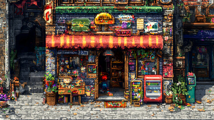 Quaint Pixel Art Storefront with Vintage Brick Facade in an Urban Street Scene Featuring a Colorful Awning and Detailed Display of Goods and Vending Machine