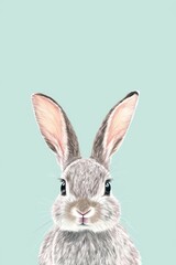Fototapeta premium Cute Gray Rabbit with Big Ears on Soft Mint Background