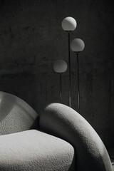 monochrome interior of modern living room with armchair and lamps