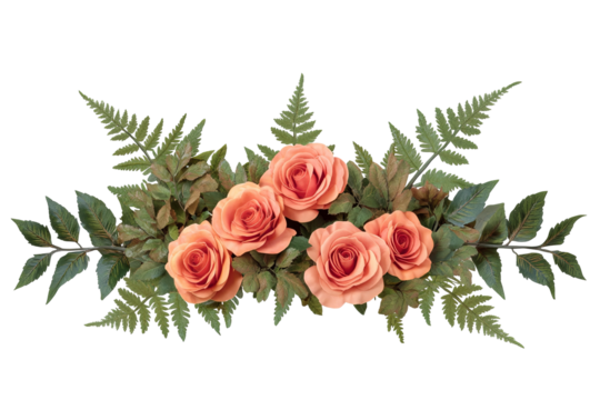 A beautiful arrangement of orange roses surrounded by ferns and leaves, on a transparent background