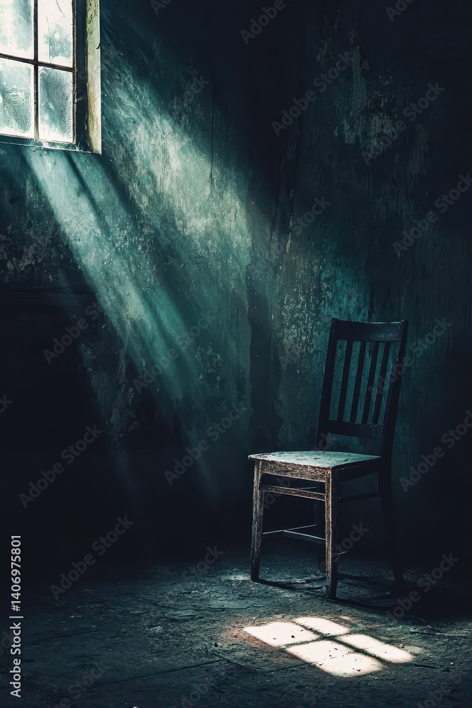 Poster sunlight filtering through window to empty chair in dark room