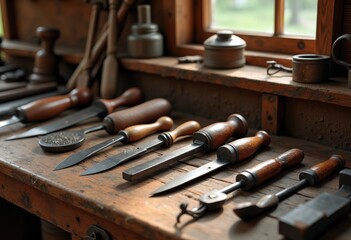 vintage tools display rustic wooden workbench natural grain texture emphasizing tool aesthetics craftsmanship, nature, cabinetmaker, cards, antique, hobby
