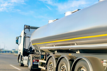 Petrol cargo truck lorry tanker driving on highway hauling oil products.Fuel delivery...