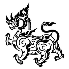Ornate black silhouette of a Singha, a sacred lion figure from Thai mythology. Detailed vector artwork showcasing traditional Thai decorative patterns and artistic style.