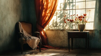 Obraz premium Vintage sunlit room with chair, curtain, and potted flowers