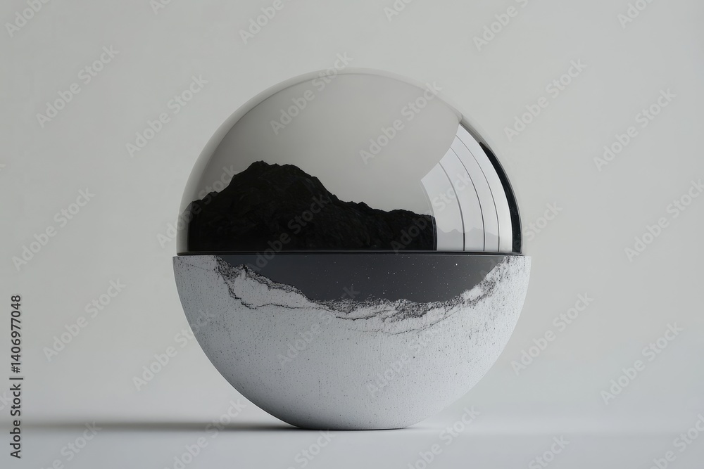 Poster silvered sphere capturing light and shadow an artistic study in reflection.