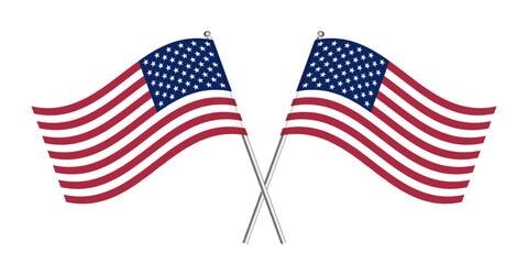 Two American flags on silver poles. Crossed flying USA national flags on metal sticks. Patriotic symbol of United States of America. Realistic vector illustration. © Mariquita vector